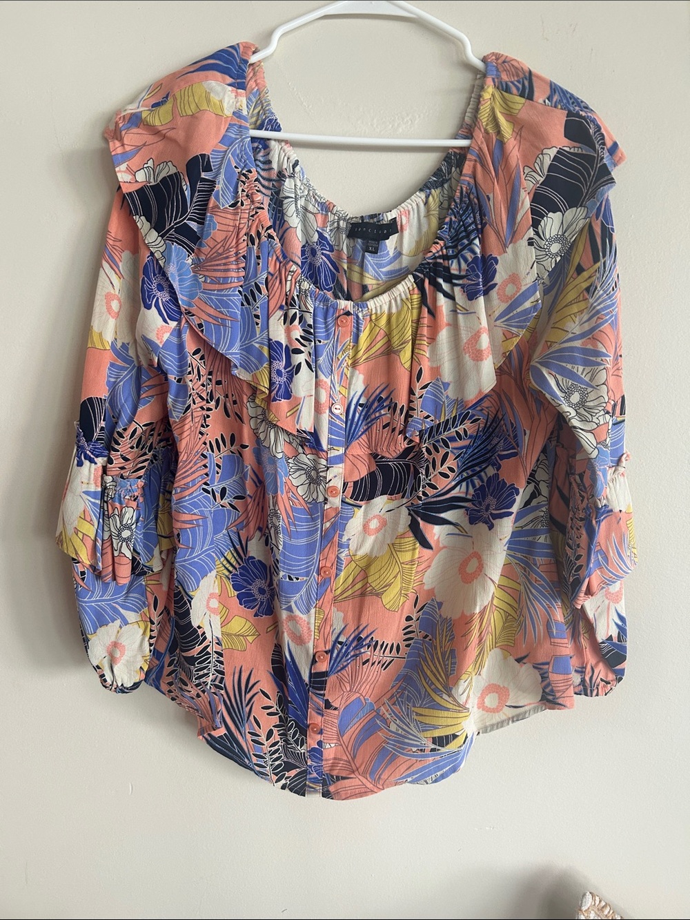 Sanctuary Peach Multi Floral Ruffle Button-Up Blouse